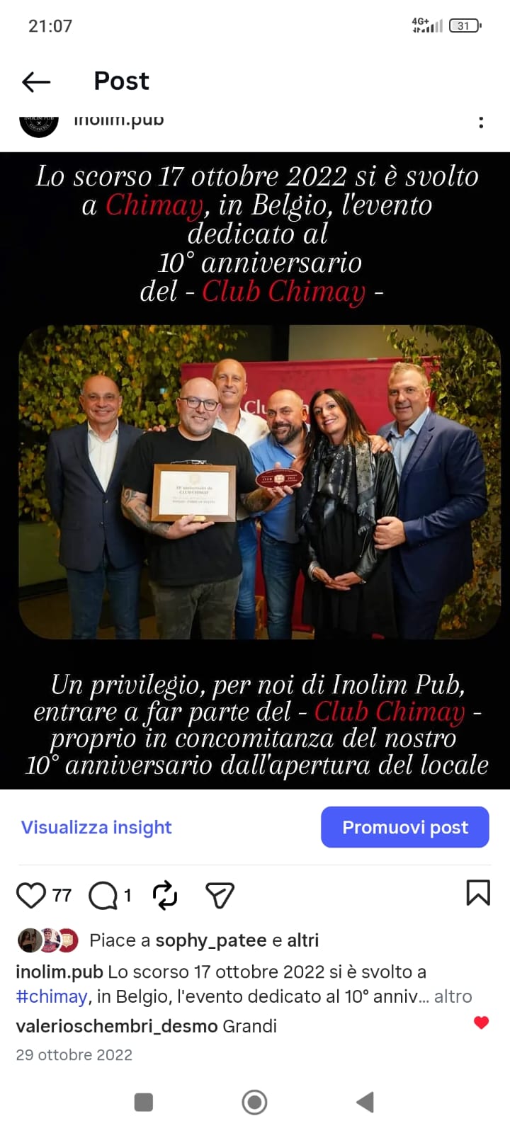 La premiazione di Inolim Pub al Club Chimay in Belgio